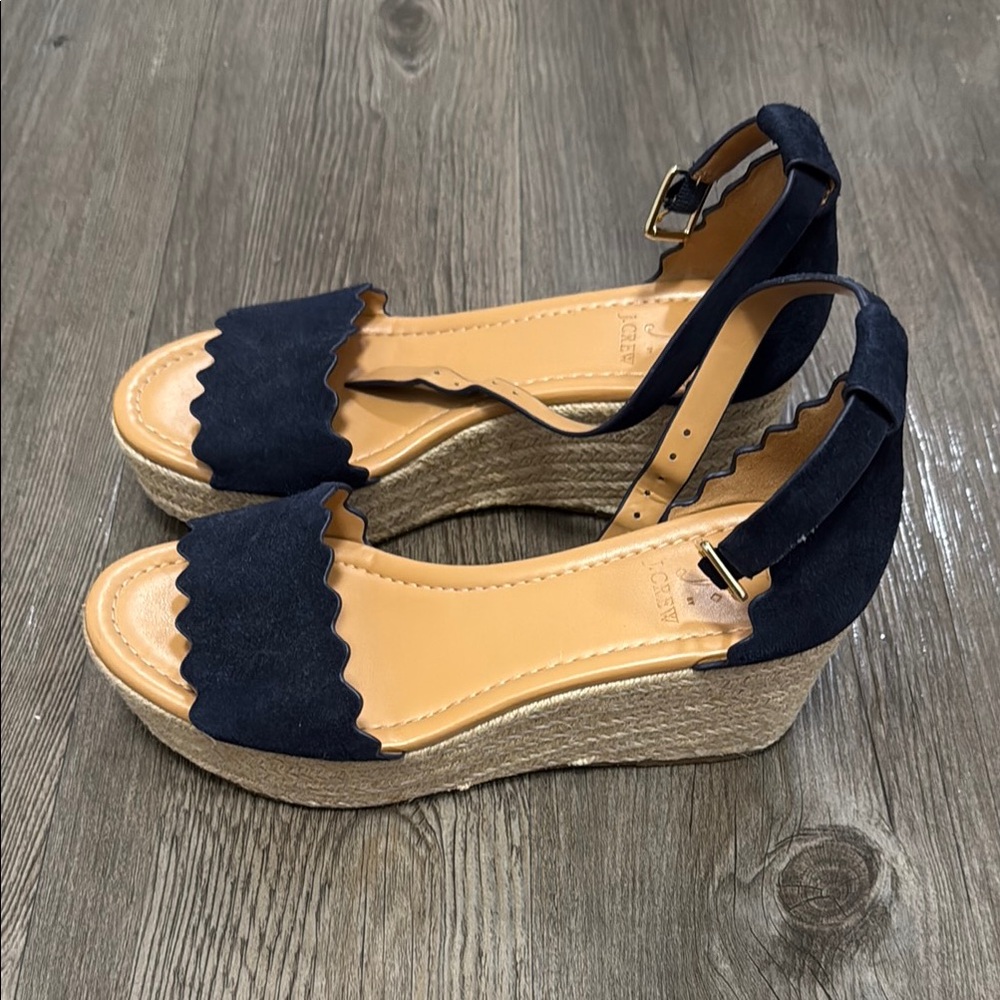 J. Crew Factory Navy and Tan Wedge Sandals